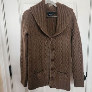 RALPH LAUREN Womens Large Chocolate brown cable knit cardigan Cashmere/wool